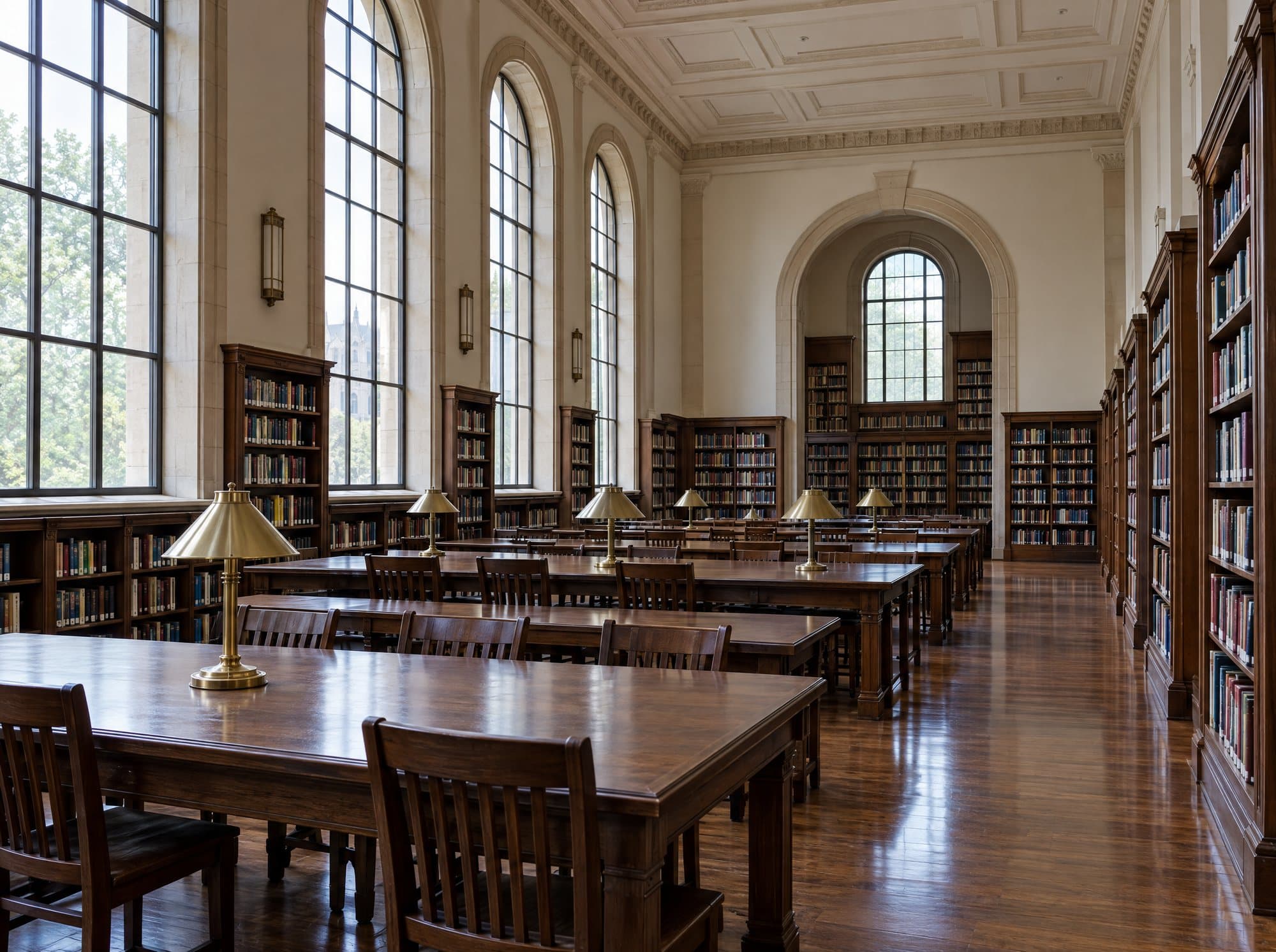 Salão de leitura de uma biblioteca universitária, com longas mesas de madeira e janelas altas em arco.